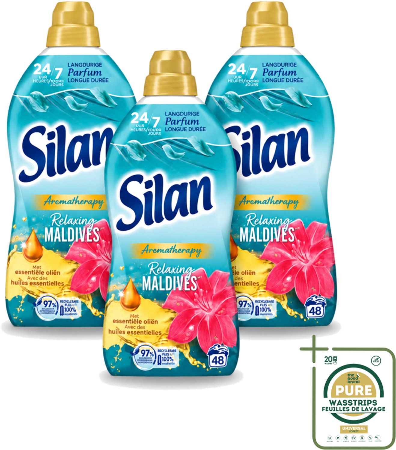 3 x Silan Aromatherapy - Wasverzachter - Relaxing Maldives - Essentiële Oliën en Langdurige Parfum - 48 Wasbeurten - 1.056L - Wasstrips - Wasverzachter - Tropische Geur - Essentiële Oliën - Kleding Zachtheid - Wasgoed Frisheid