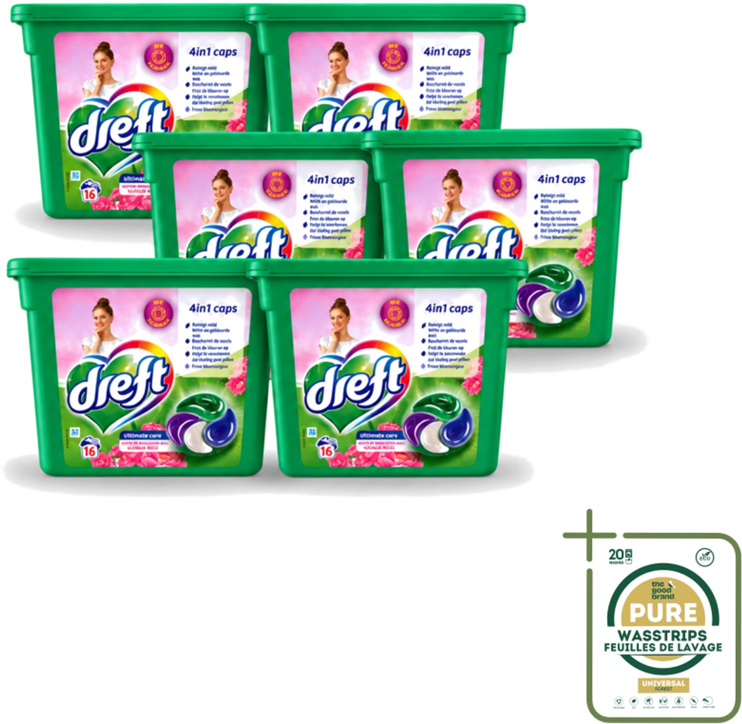6 x Dreft - Wasmiddelcapsules 4in1 - Witte en Gekleurde Was - Vleugje Roze - 16 Wasbeurten - Wasstrips - Wasmiddelcapsules - Was - Kleurenbeschermer - Vlekkenverwijdering - Frisse Geur