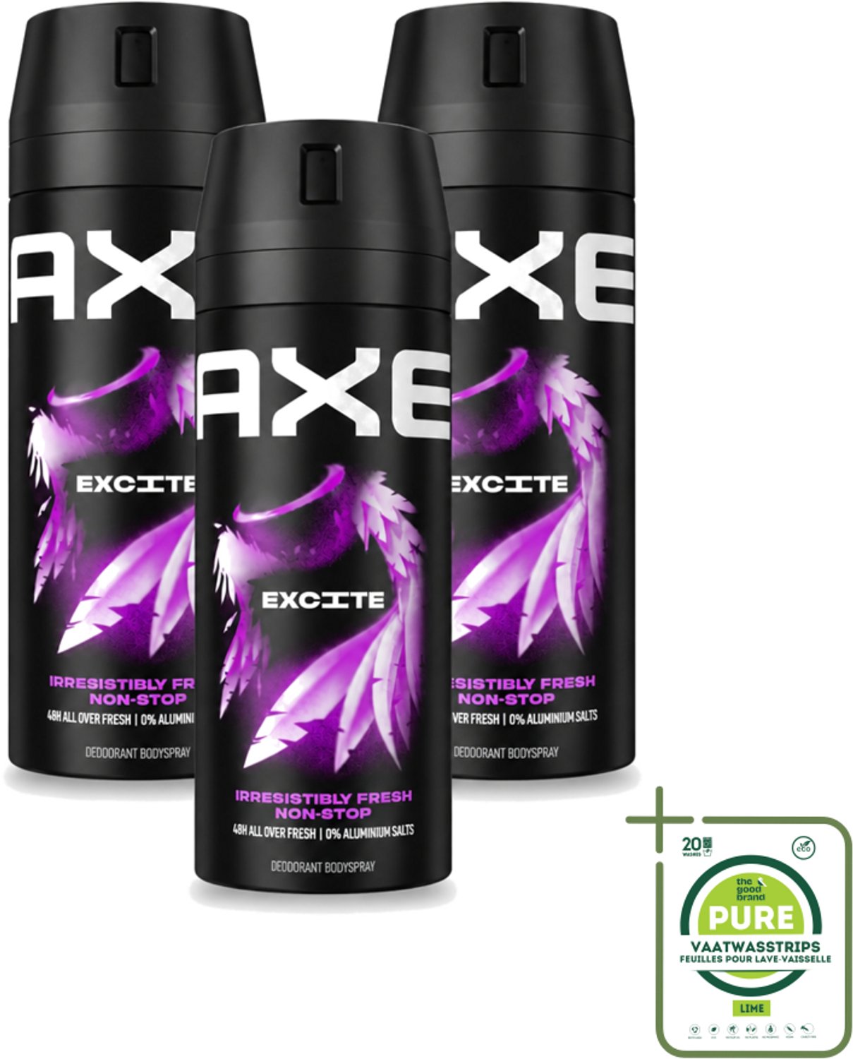 3 x Axe - Deodorant Bodyspray - 48hrs Fresh - Excite - Crisp Coconut & Black Pepper - 150 ml - Grootverpakking - Vaatwasstrips - Deodorant - Lichaamsgeur - Frisheid - Kokosnoot - Zwarte Peper