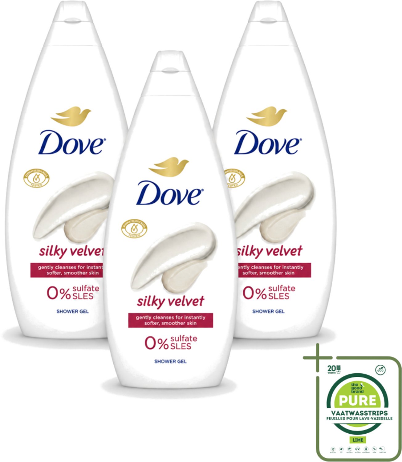 3 x Dove Silky Velvet - Douchegel - Sulfaatvrij - 250 ml - Grootverpakking - Vaatwasstrips - Douche Gel - Zijdezachte Huid - Sulfaatvrije Douche - Hydraterende Douche - Huid Verzorging