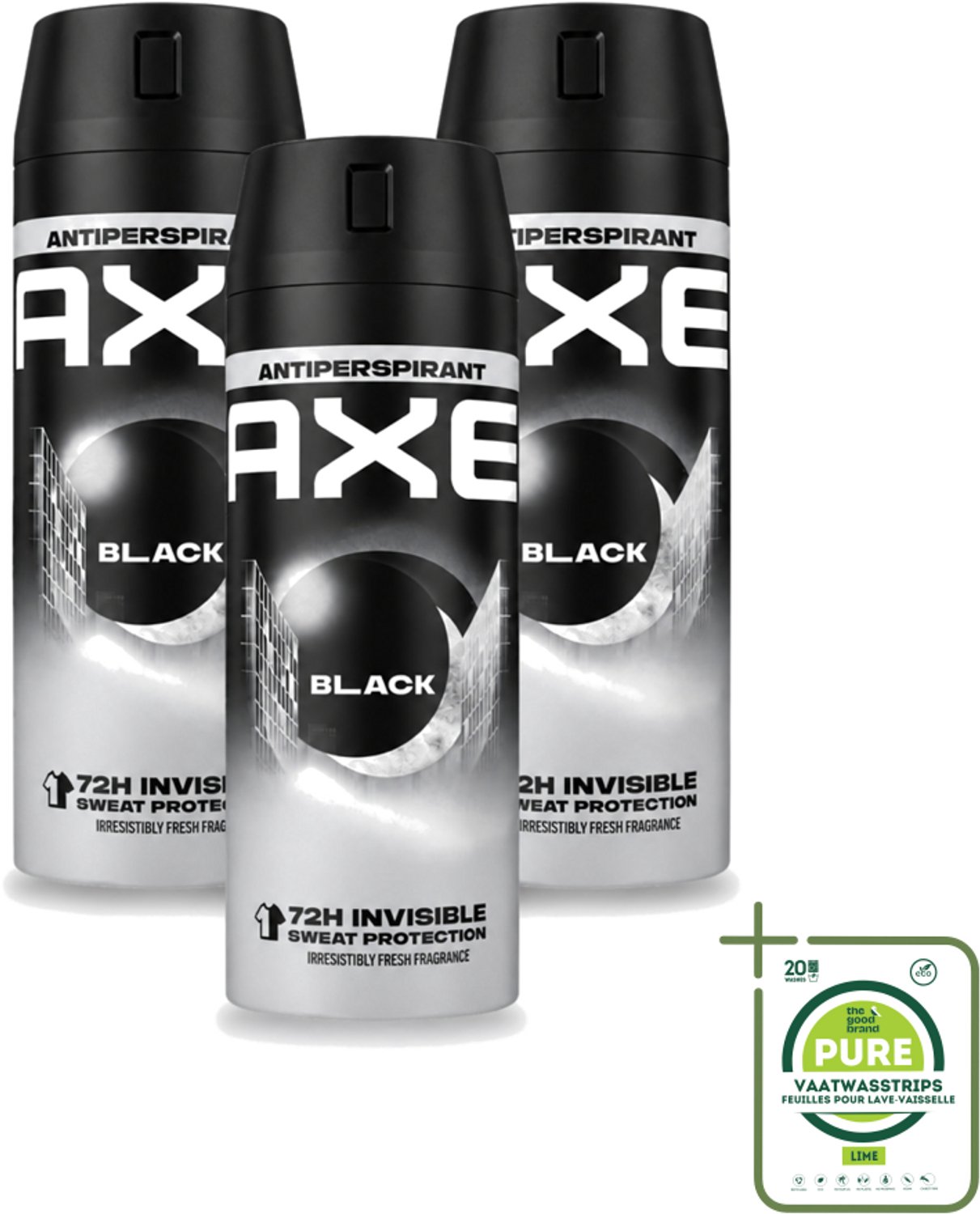 3 x Axe - Deodorant Spray - 72hrs Anti Sweat - Black - 150 ml - Grootverpakking - Vaatwasstrips - Anti Transpirant Spray - Zweet Bescherming - 72 Uur Bescherming - Citroen Geur - Munt Geur