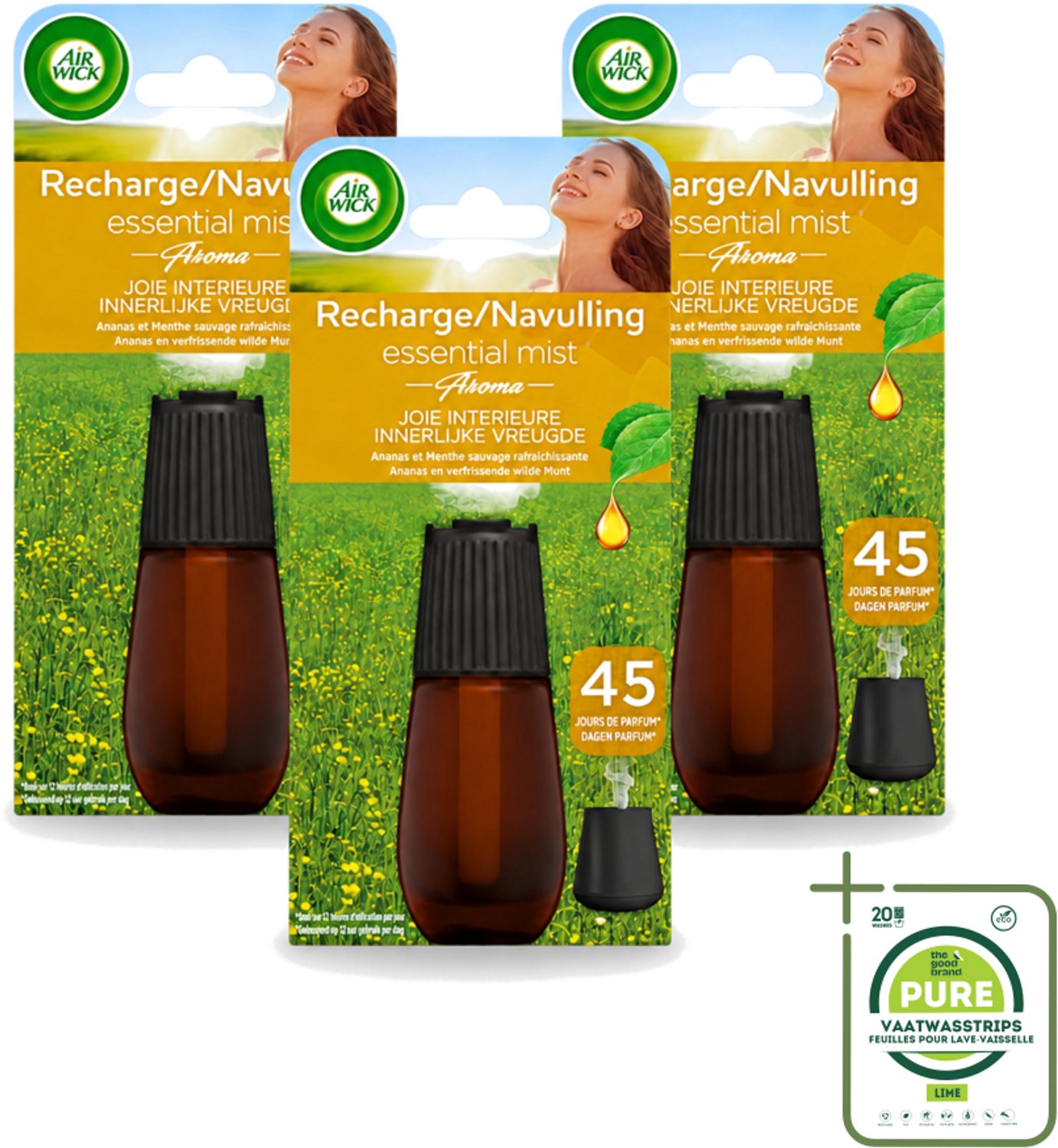 3 x Air Wick Essential Mist - Navulling - Happiness - Ananas & Wilde Munt - 20ml - Grootverpakking - Navulling - Geurverspreider - Aromatherapie - Ananas - Wilde Munt