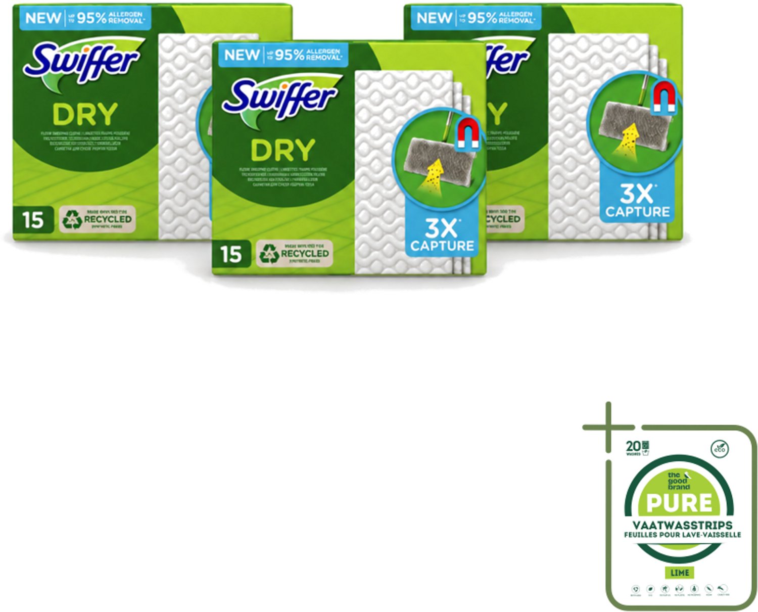 3 x Swiffer Dry - Vloerdoekjes - Navulling - Gerecyclede Fibers - 15 Doekjes - Grootverpakking - Vaatwasstrips - Stofwisdoekjes - Stof Opnemen - Stof Verwijderen - Schoonmaken - Vloer Reinigen