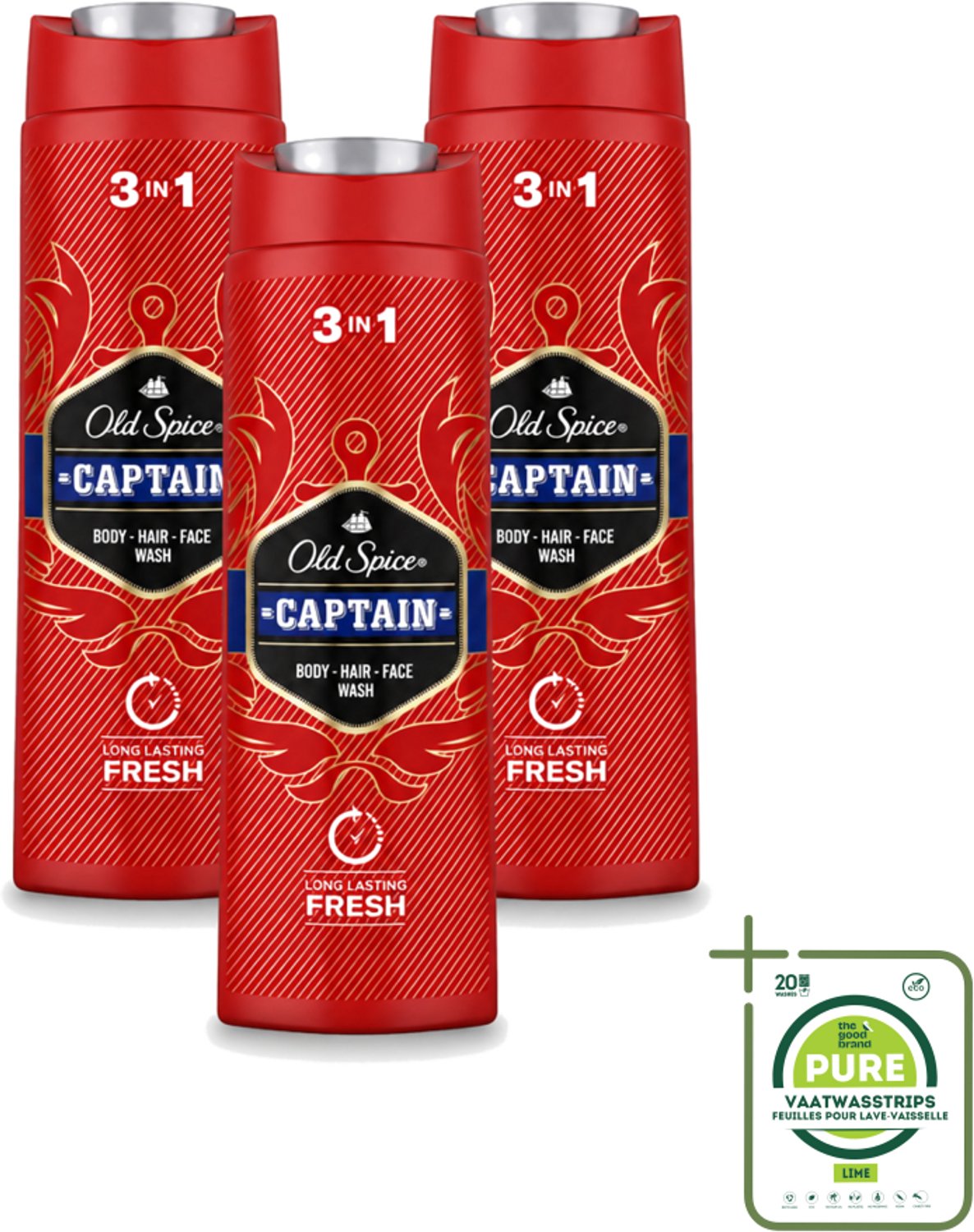 3 x Old Spice – Douchegel – Captain – 400 ml - Grootverpakking - Vaatwasstrips - Douchegel Voor Mannen - Gezichtsreiniging - Haarreiniging - Lichaamreiniging - Fris Geur