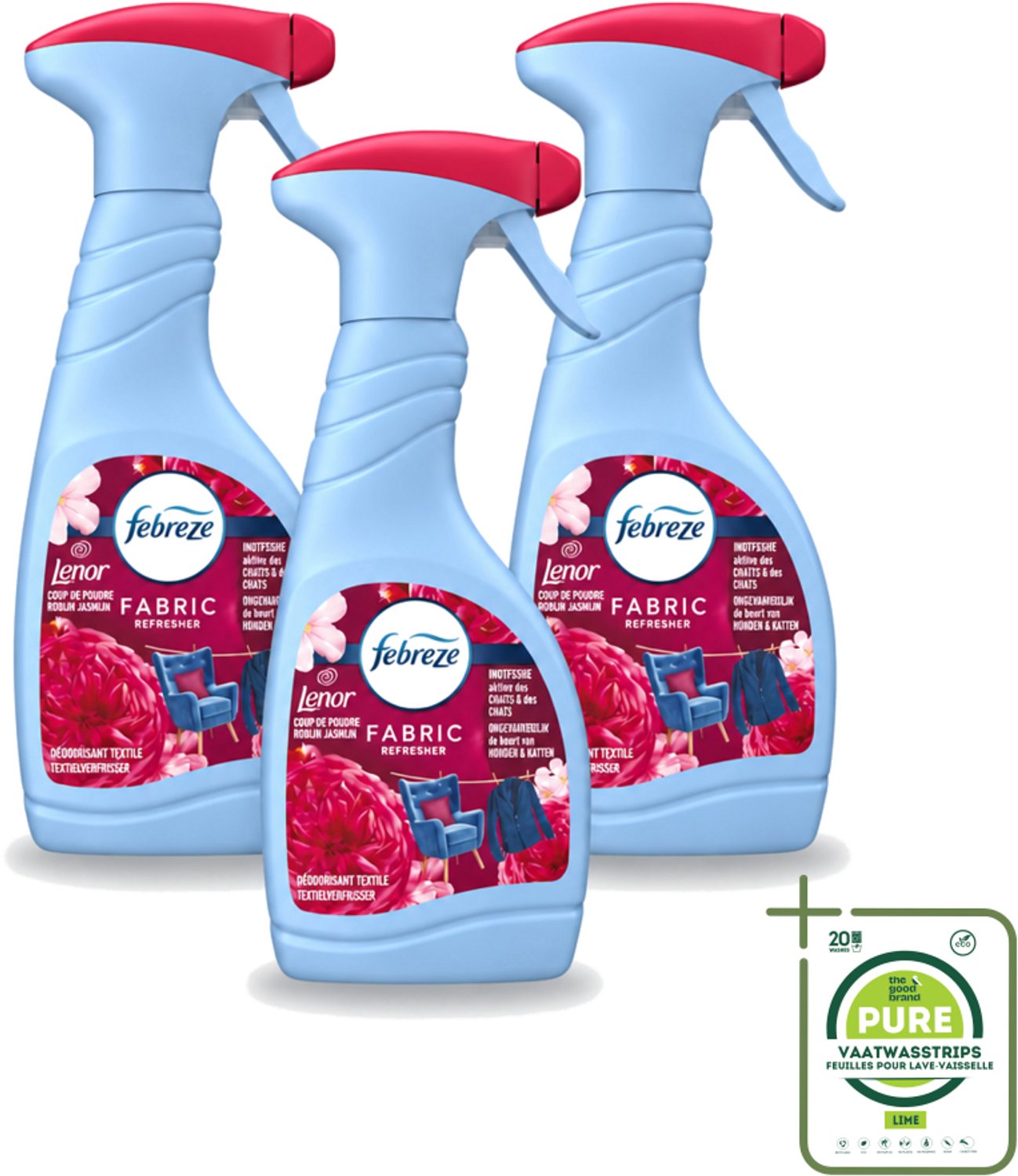 3 x Febreze – Textielspray – Robijn Jasmijn – 500 ml - Grootverpakking - Vaatwasstrips - Textielverfrisser - Textielgeur - Geurverwijdering - Jasmijngeur - Robijngeur