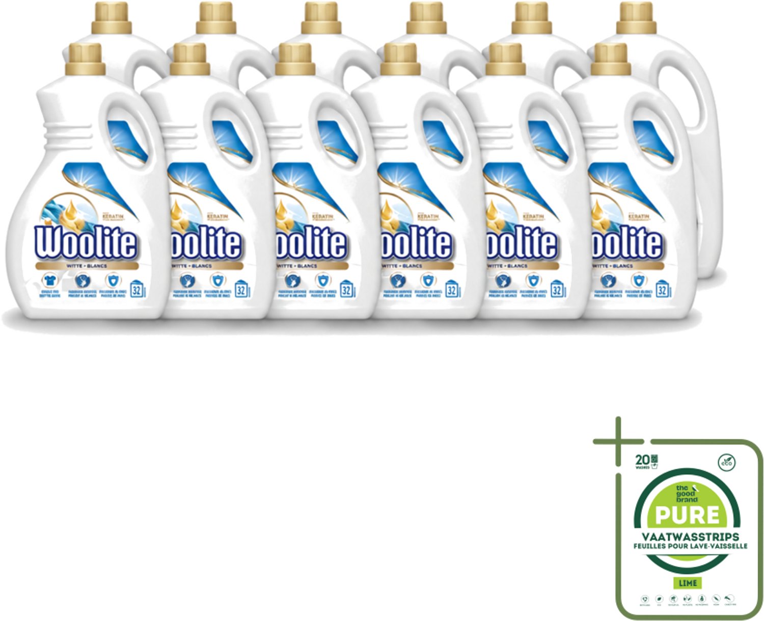 12 x Woolite White - Vloeibaar Wasmiddel - Met Keratine - Witte Was - 32 Wasbeurten - 1,9L - Grootverpakking - Vaatwasstrips - Wasmiddel Wit - Keratine Wasmiddel - Witte Was - Witte Kleding - Wasbeurten