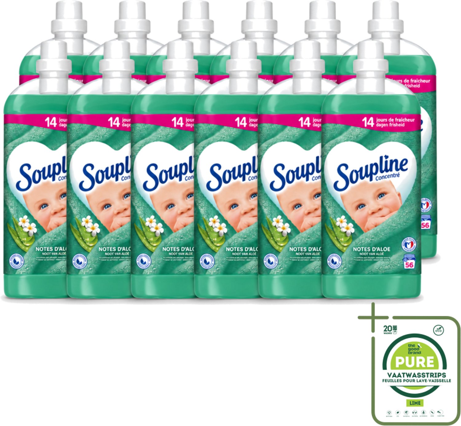 12 x Soupline - Wasverzachter - Aloë Vera - 56 Wasbeurten - 1.3L - Grootverpakking - Vaatwasstrips - Wasverzachter Aloë Vera - Frisse Geur - Zachte Kleding - 14 Dagen Frisheid - Natuurlijke Geur