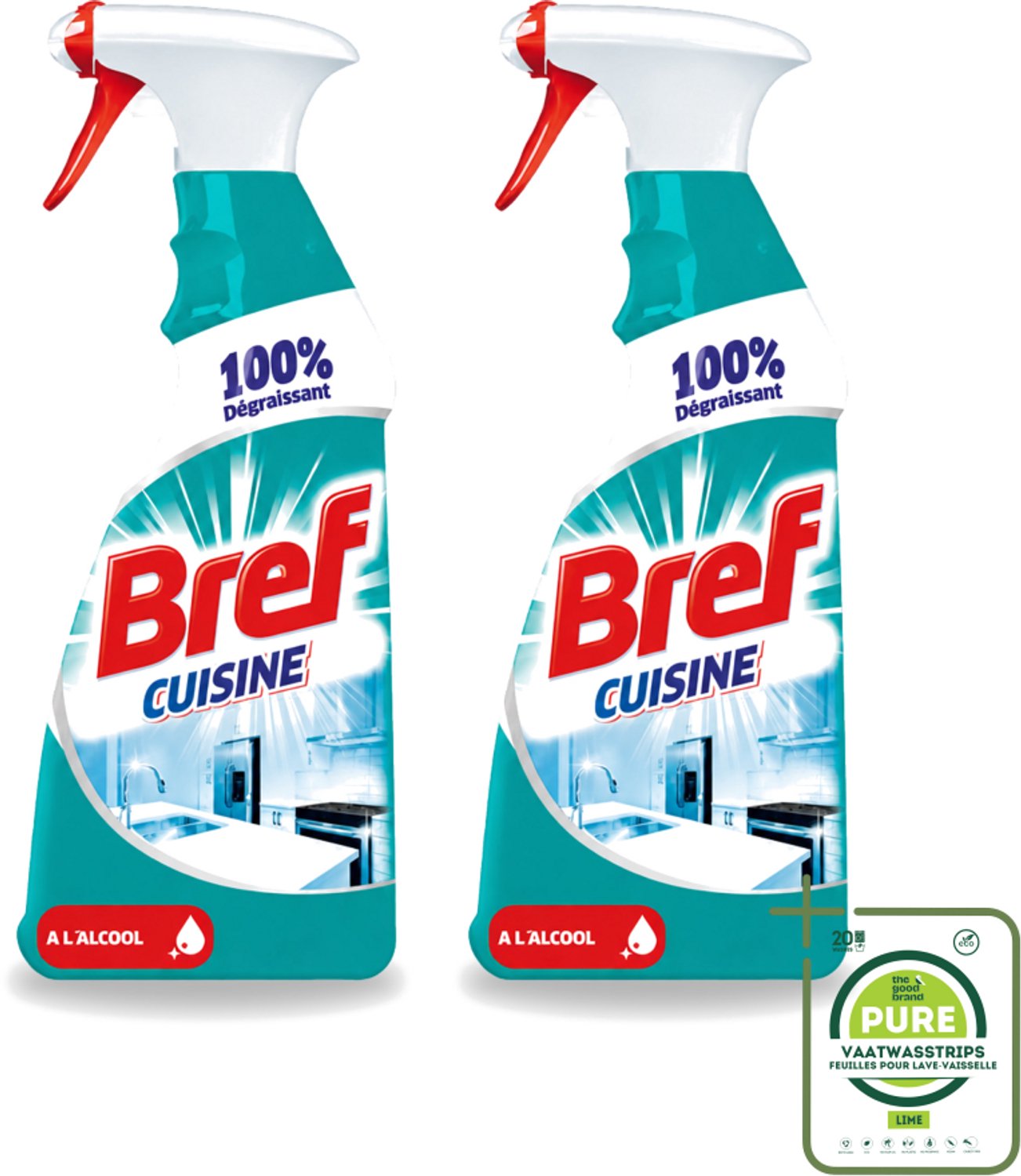 2 x Bref Keuken - Reinigingsspray - Ontvetter - Met Alcohol - 750 ml - Grootverpakking - Vaatwasstrips - Keuken Reinigen - Ontvetter - Keuken Spray - Werkblad Reinigen - Keuken Hygiëne