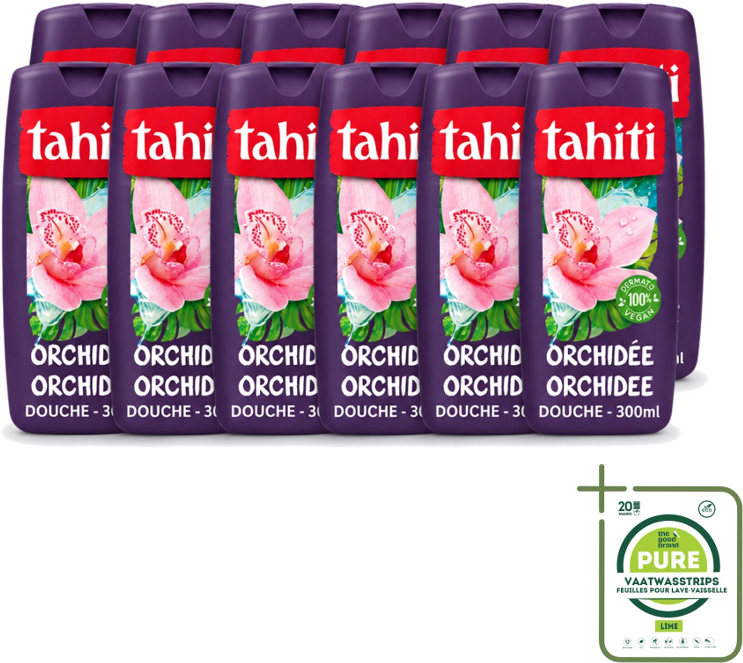 12 x Tahiti - Douchegel - Orchidee - 100% Vegan - 300 ml - Grootverpakking - Vaatwasstrips - Douchegel Orchidee - Orchidee Geur - Hydraterende Douchegel - Verzorgende Douchegel - Bloemige Geur