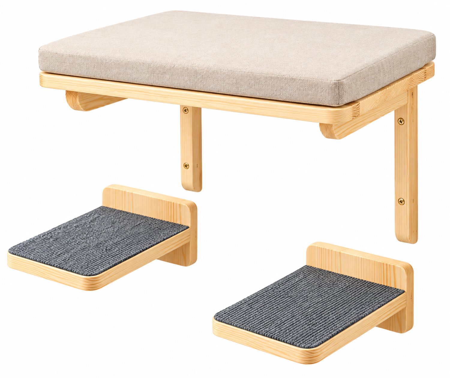 Noventra Kattenplank voor Muur – Kattenmuur met Zacht Kussen – Katten Klimrek met 2 Klimplateaus – Kattenmeubel – Hout – Beige/Grijs