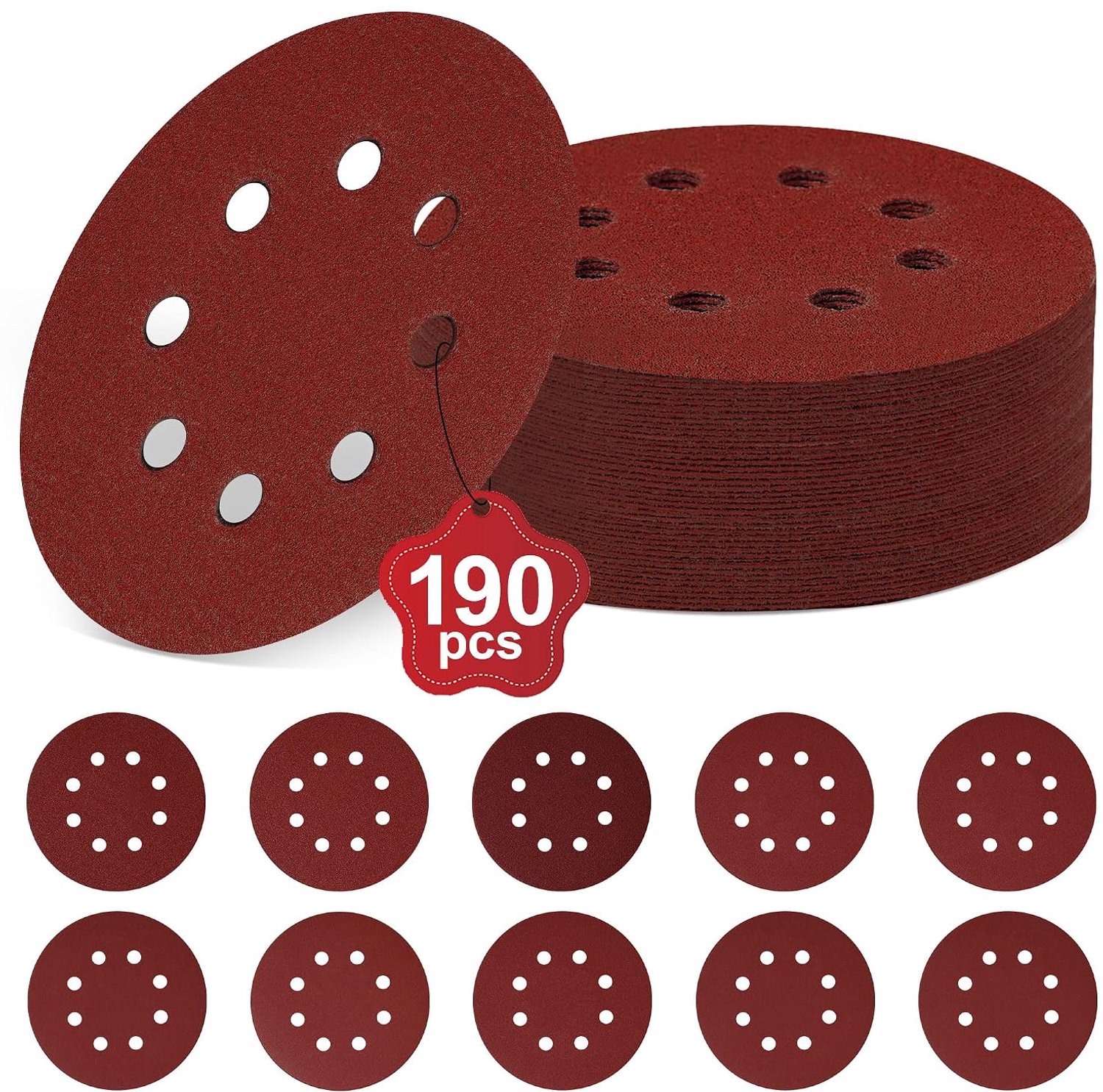 Pack of 190 Sandpaper 125 mm Sanding Discs 8 Holes, P40/P60/P80/P100/P120/P180/P240/P320/P400/P600 Eccentric Round - ShopVlot