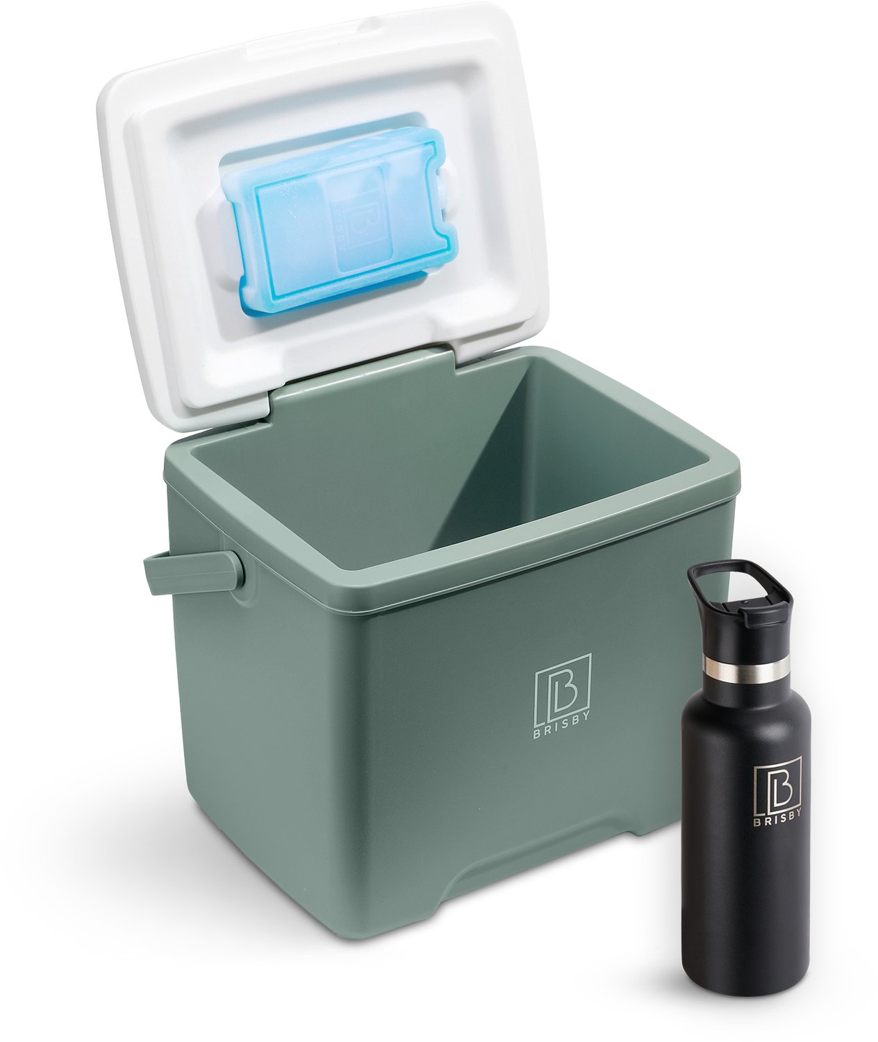 Brisby Koelbox - Frigobox - 13L- Groen - Tot maximaal 40 uur isolatie - Incl. 2 dikke koelelementen van 450ml - Met koelelementen vergrendeld in deksel en Brisby 500ml Zwarte Dubbelwandige Thermosfles
