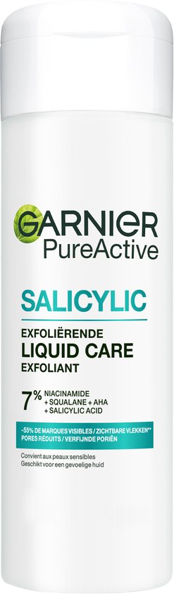 Garnier Pure Active Salicylische exfoliërende liquid care. Zichtbare vlekken verminderd, poriën verfijnd. Met 7% niacinamide, squalaan, AHA & salicylzuur.