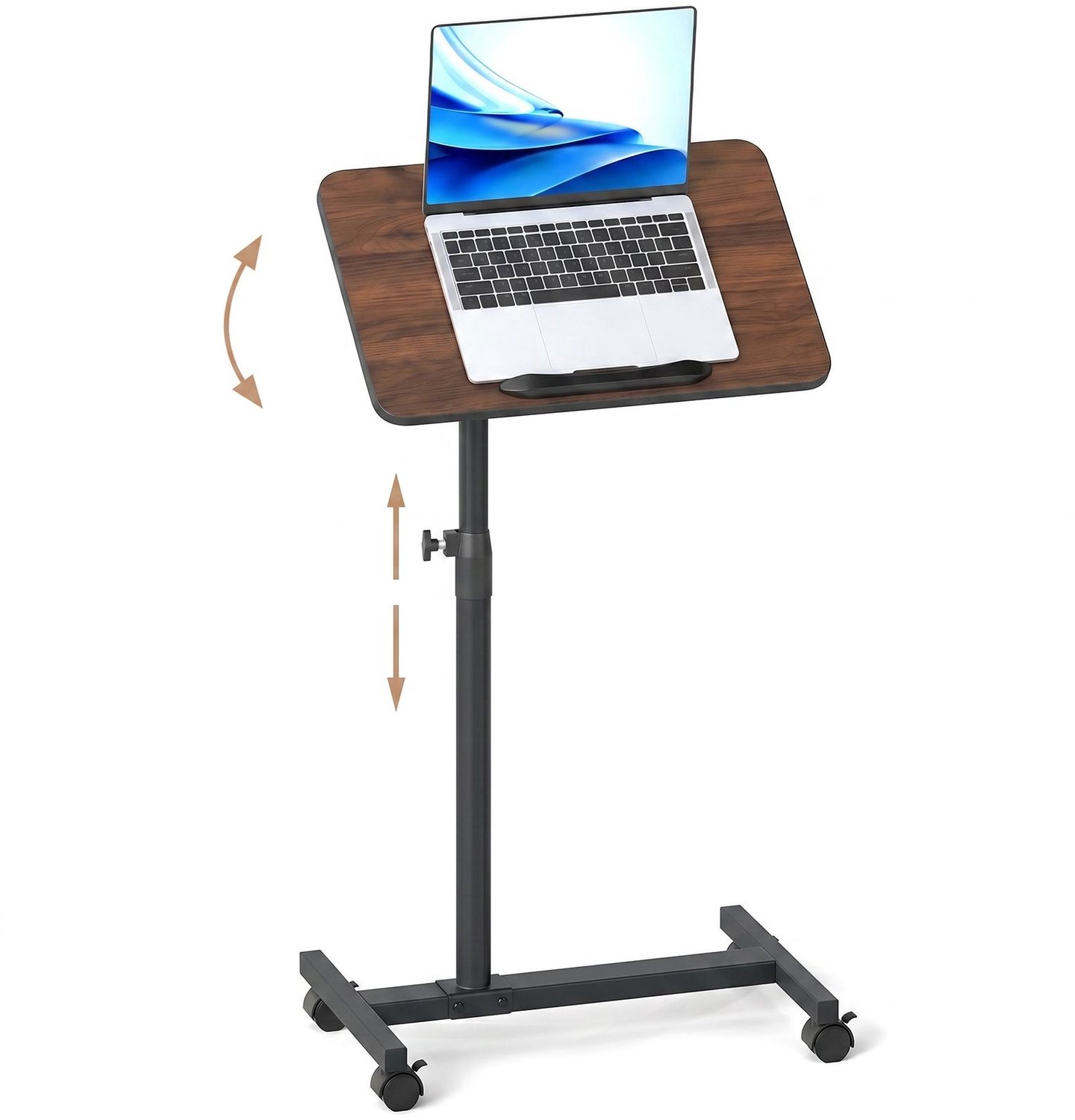 SureDeal® - Bijzettafel - Verstelbare Bedtafel Wielen - Kantelbaar - Draaibare Tafelblad Verzorgingstafel - 52x33x69 cm - Okkernoot + Zwart