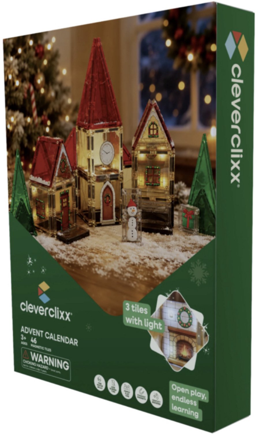 Cleverclixx | Christmas Village Advent Calendar | 46 pieces | Speelgoed +3 jaar | STEM - Magnetisch speelgoed - Lichtgevende tegels