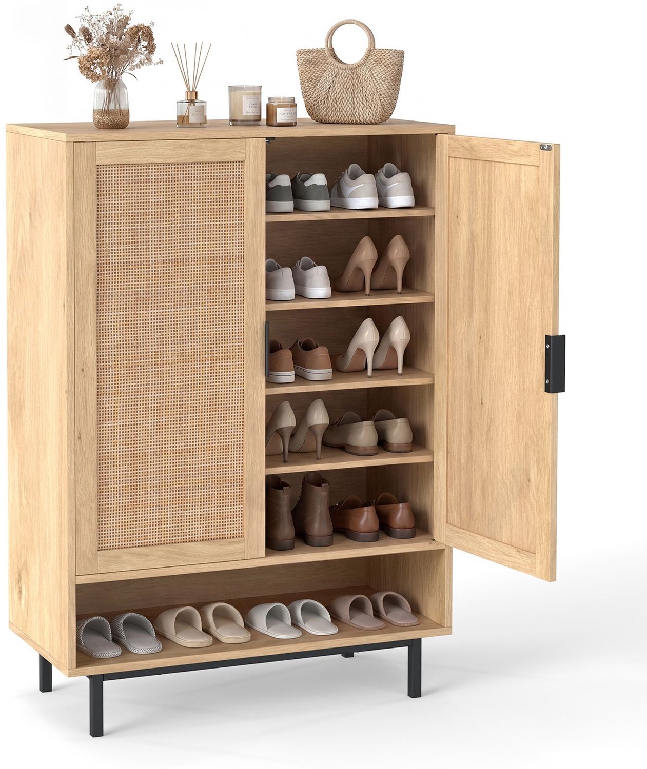 SureDeal® - Schoenenkast - Rattan Deuren Schoenenrek - Verstelbare Uitneembare Planken - 75x35x108 cm - Naturel