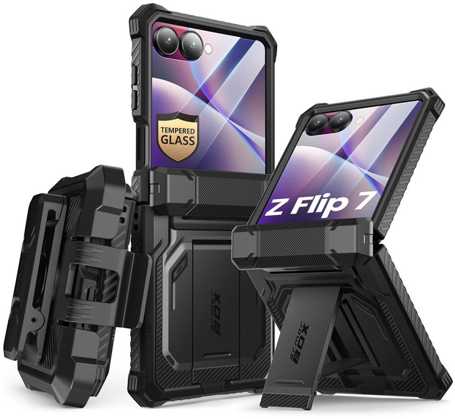 Armorbox Case geschikt voor Galaxy Z Flip 7 hoesje met screen protector - Tempered Glass Screen Protector - Kickstand - Zwart