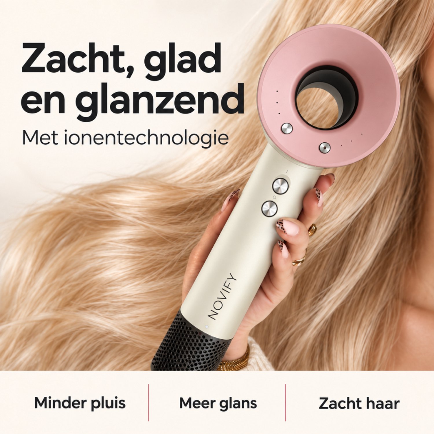 NOVIFY® Fohn - Fohnborstel - Haardroger met 5 opzetstukken - Fohn met Diffuser - 1500W - Rose Cream - 2025 thumbnail 6