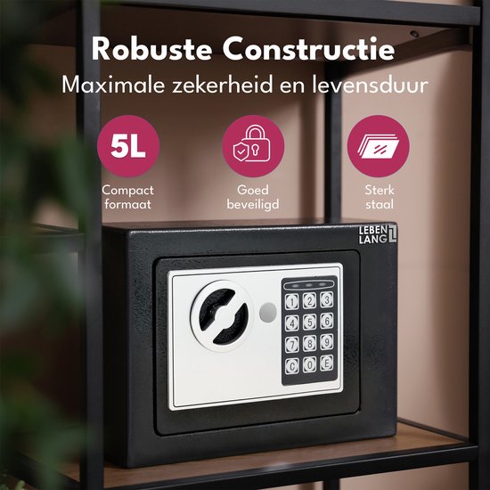 LEBENLANG Kluis - Incl. Brandwerende tas & Noodsleutel I 5 Liter | Brandkluis Met Cijferslot Voor Geld & Sieraden I Wandkluis Inbouwkluis Kleine Safebox — afbeelding 3