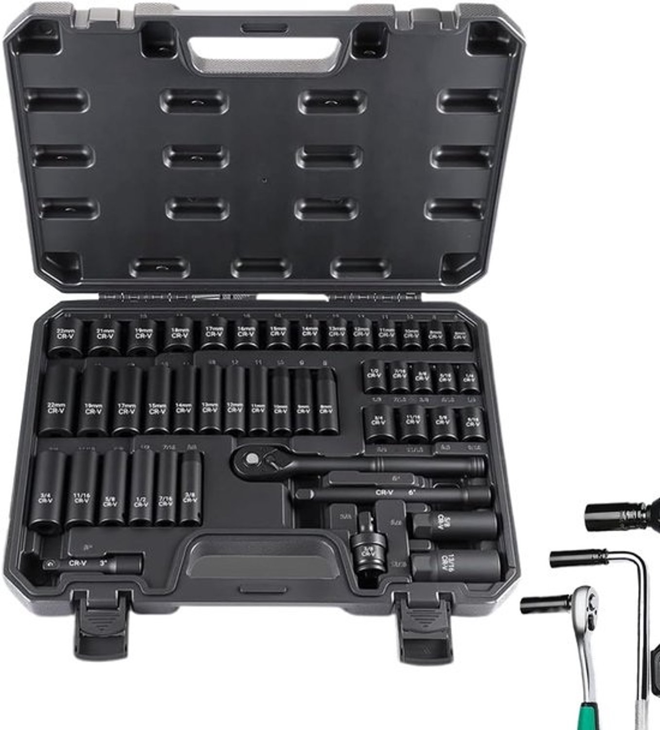 Doppenset 3/8 Inch - Metrische Sleutelset - Auto Motor Loodgieterswerk - 47 Delig Legeringsstaal - 39x29x6.2cm