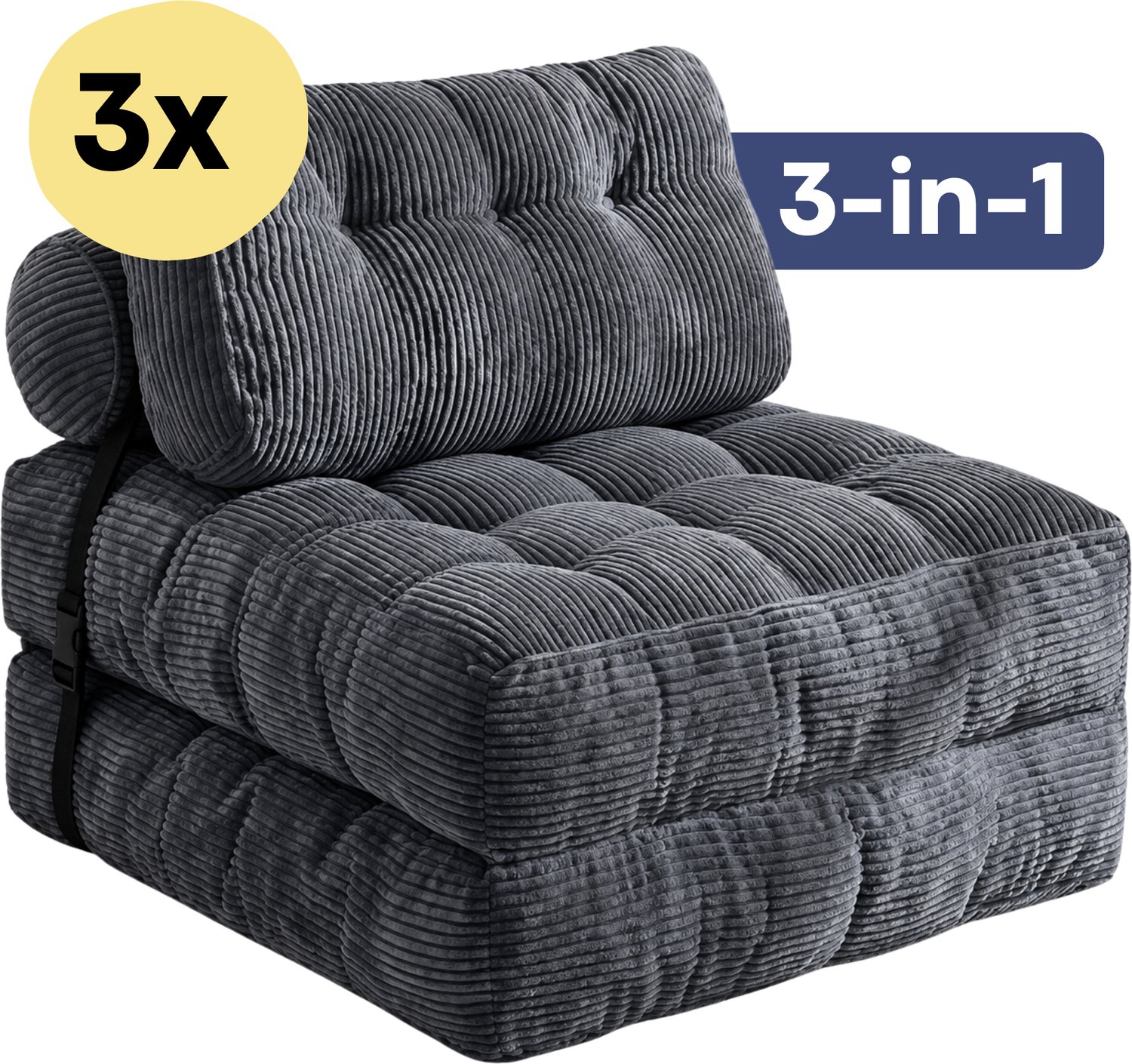 Moeve Slaapbank 1 persoons - 3 stuks - 2 in 1 - Comfortabel & Makkelijk in gebruik - Logeerbed opbouwbaar - Bedbank - Slaapstoel - Zetelbed - Grijs