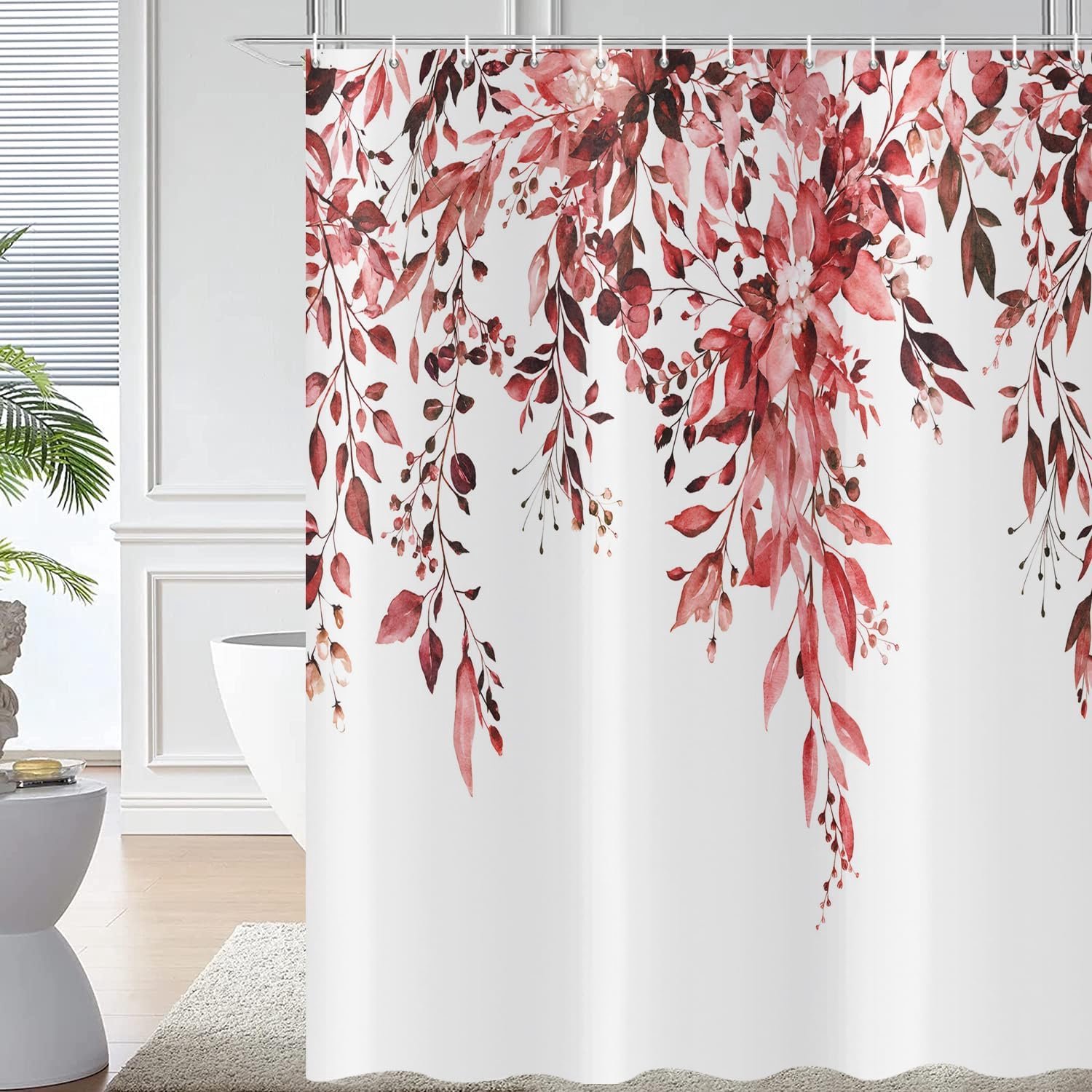 burgundy eucalyptus shower curtain 180 x 200, watercolor plant leaves with flowers bathroom curtains waterproof - ShopVlot