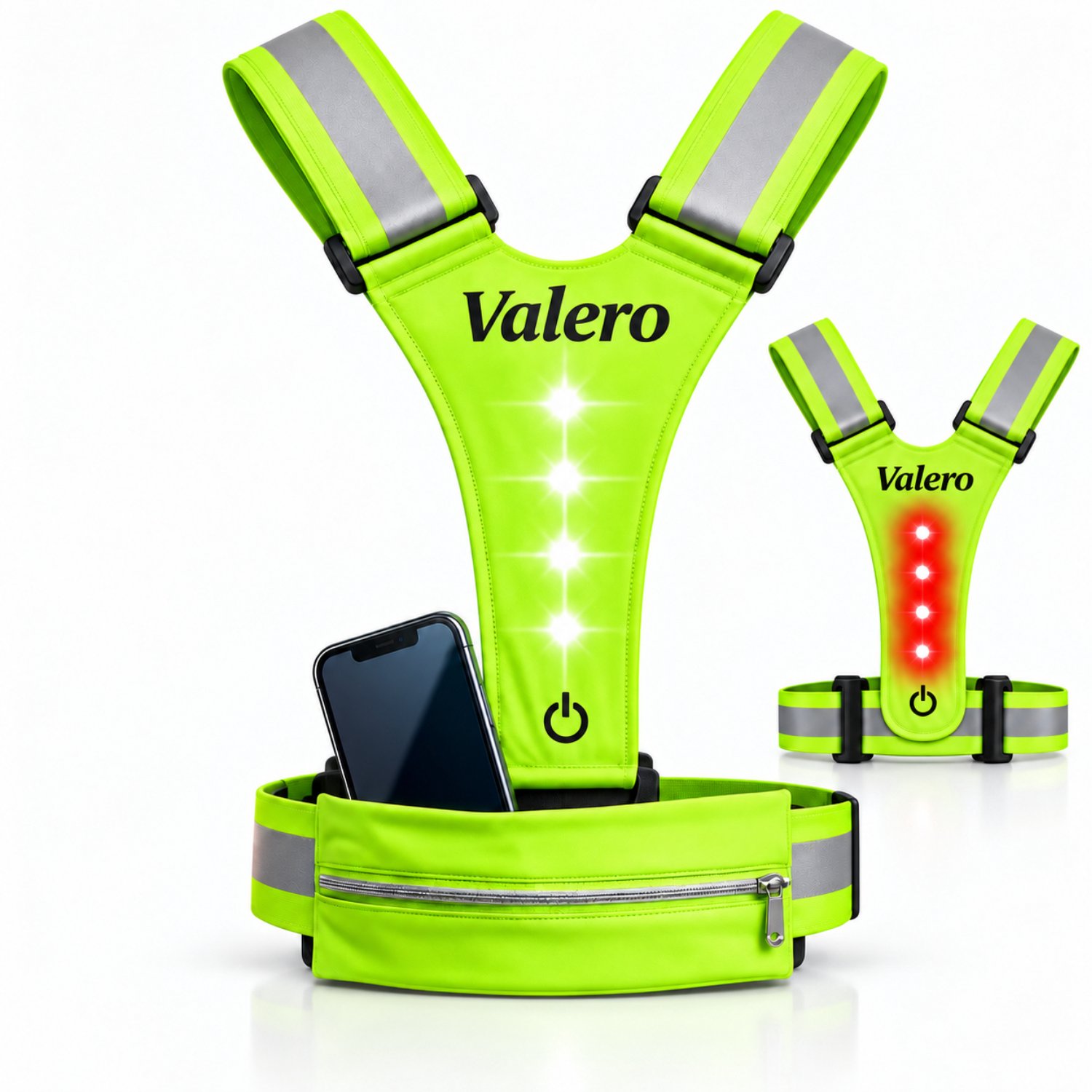 Valero® LED Hardloopvest met Verlichting & Telefoonhouder – Reflecterend Veiligheidsvest met Wit & Rood LED Licht – Hardloopverlichting voor Hardlopen, Fietsen & Wandelen – Verstelbaar One Size