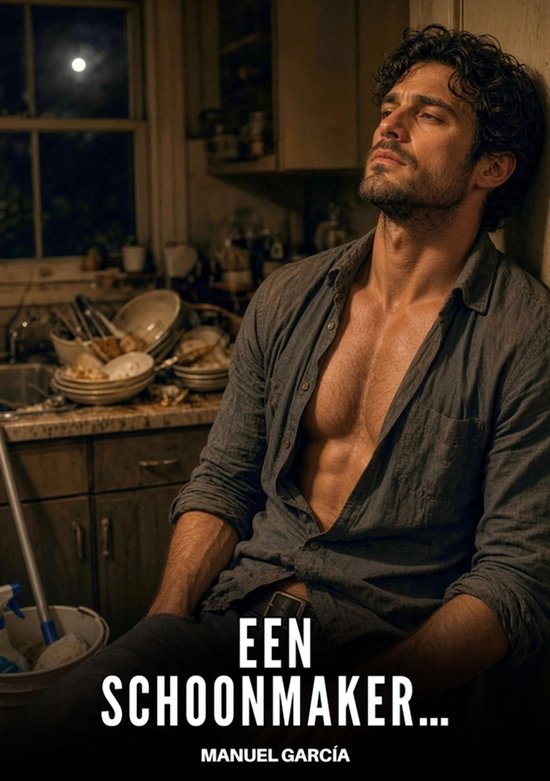 Man met open grijs overhemd en stoppelbaard in een keuken met afwas. Tekst: EEN SCHOONMAKER... MANUEL GARCÍA