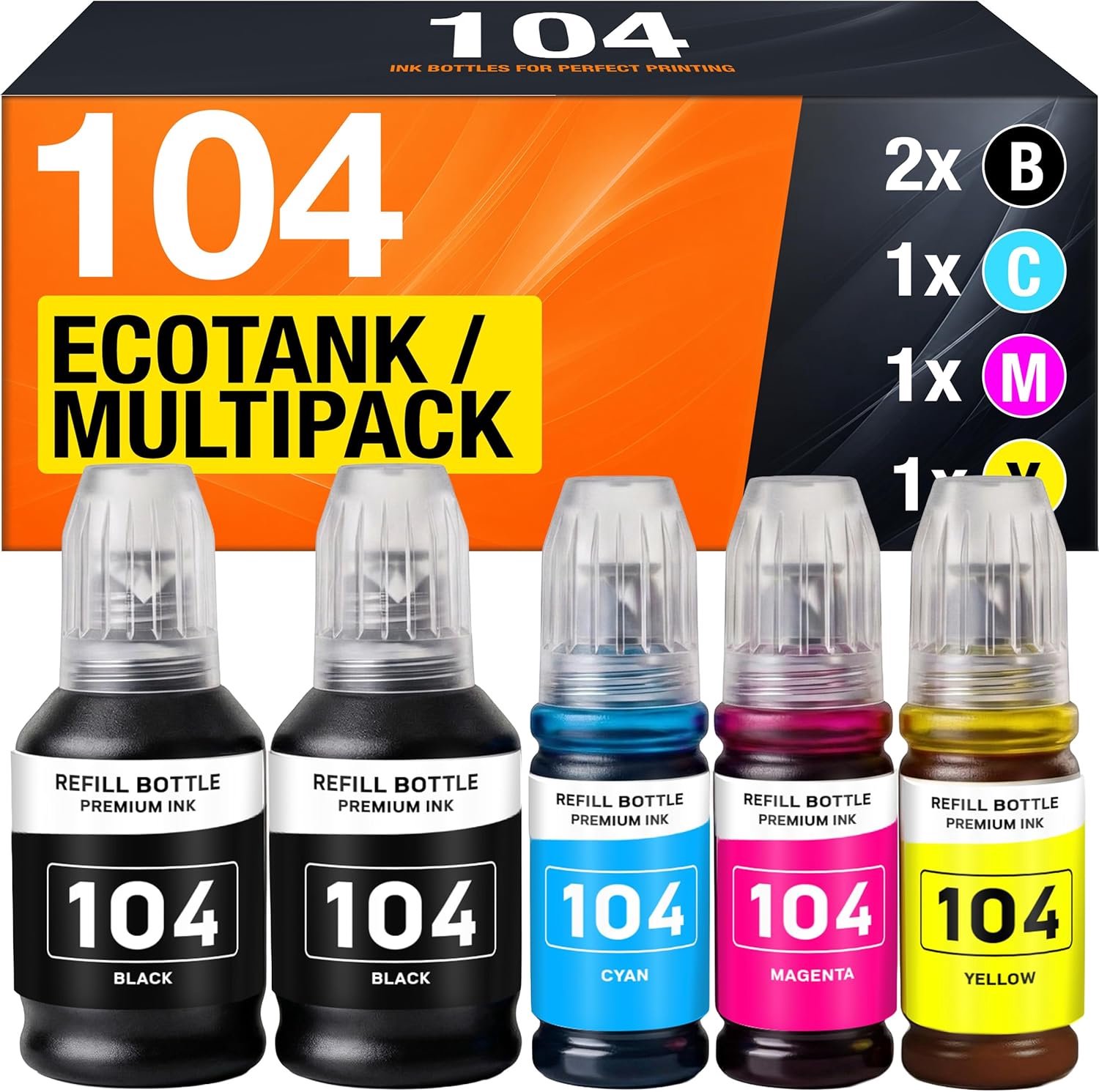 Inktflessen compatibel met Epson 104 - 5 multipack - 2x Zwart + 3x Kleur - tot 9000 pagina's - ShopVlot