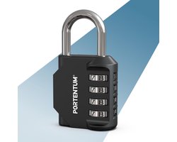PORTENTUM Cijferslot 4 cijfers instelbaar – Combinatie hangslot met zinklegering en stalen beugel – Cijferslot buiten zwart als hangslot met code voor