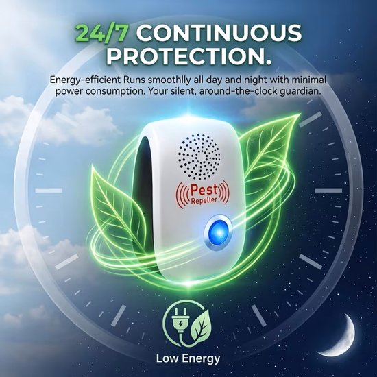 Witte ongedierteverjager met groene bladeren en een gloeiende cirkel. 24/7 continue bescherming, laag energieverbruik.