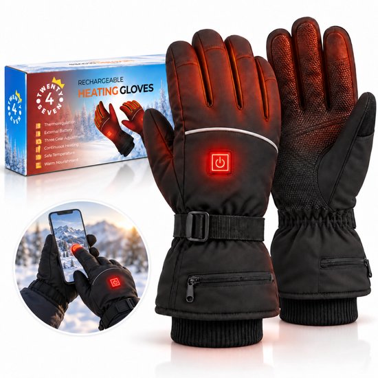 Set zwarte verwarmde handschoenen met verlichte aan/uit-knop, een opbergdoos en gebruik op een smartphone.