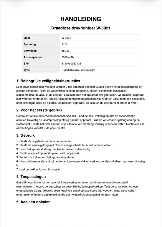 Draadloze Hogedrukreiniger 21V- 350w- 2000mAh Accu- Mobiele Accu Drukreiniger — afbeelding 2
