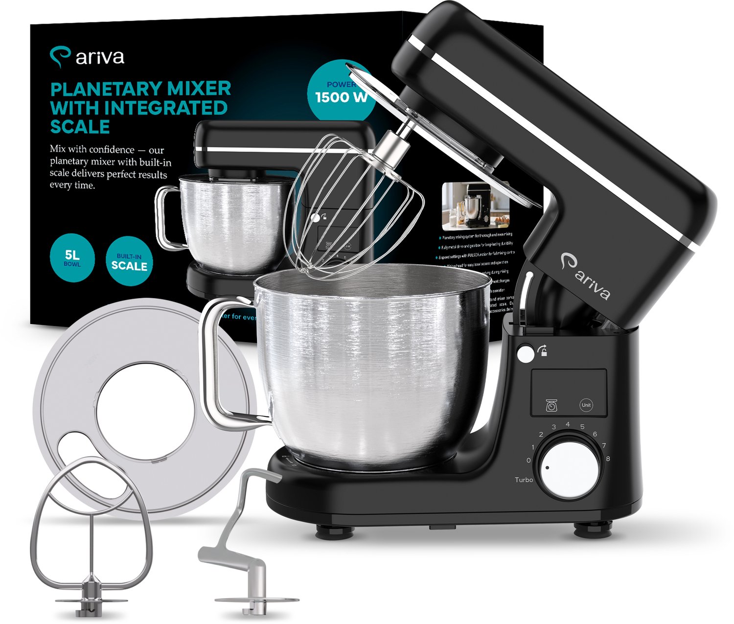 ARIVA-Keukenmixer-Keukenmachine-Digitaal-1800W maximaal-Met ingebouwde weegschaal-5 Liter-8 Snelheden-Keukenrobot