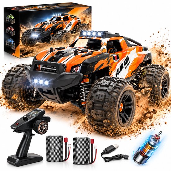 Buggy télécommandé orange, noir et blanc avec éclairage, prêt pour l'action tout-terrain, avec télécommande et batteries.