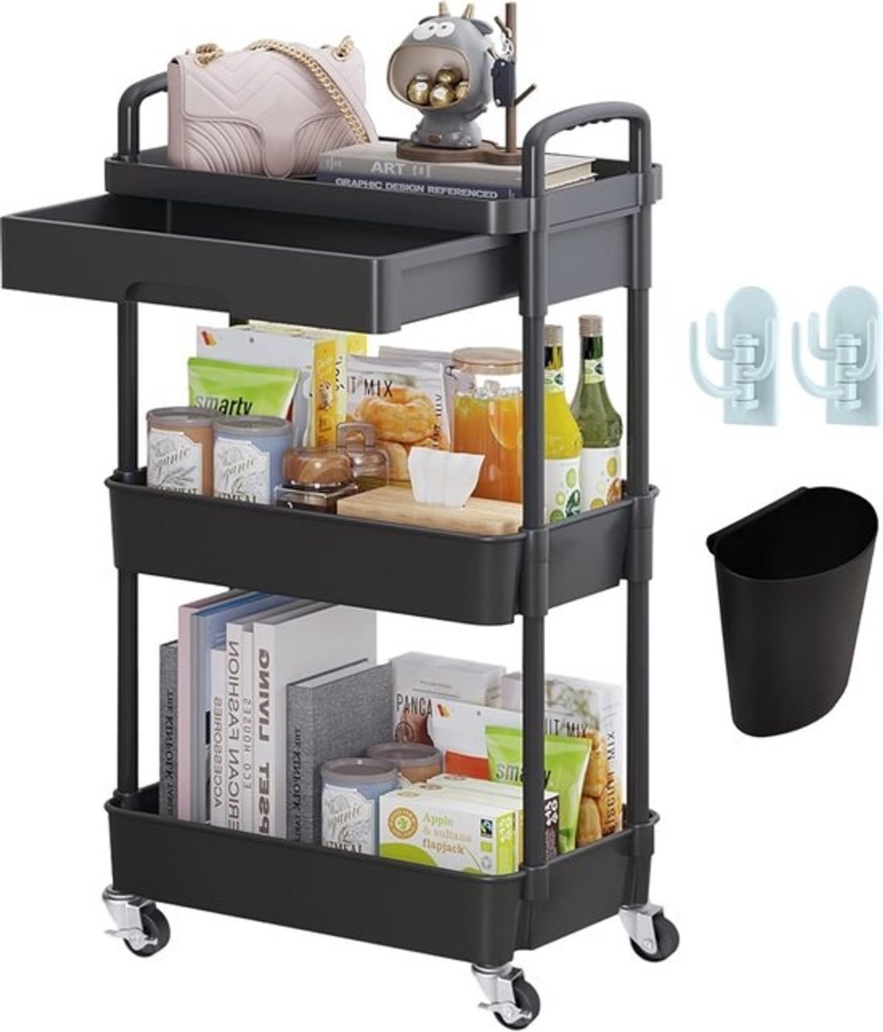 Opbergrek met Wielen - Roller rek Trolley - Huishoudelijke Organisatie - Drie Lagen met Lades - 41 cm Diep - Zwart