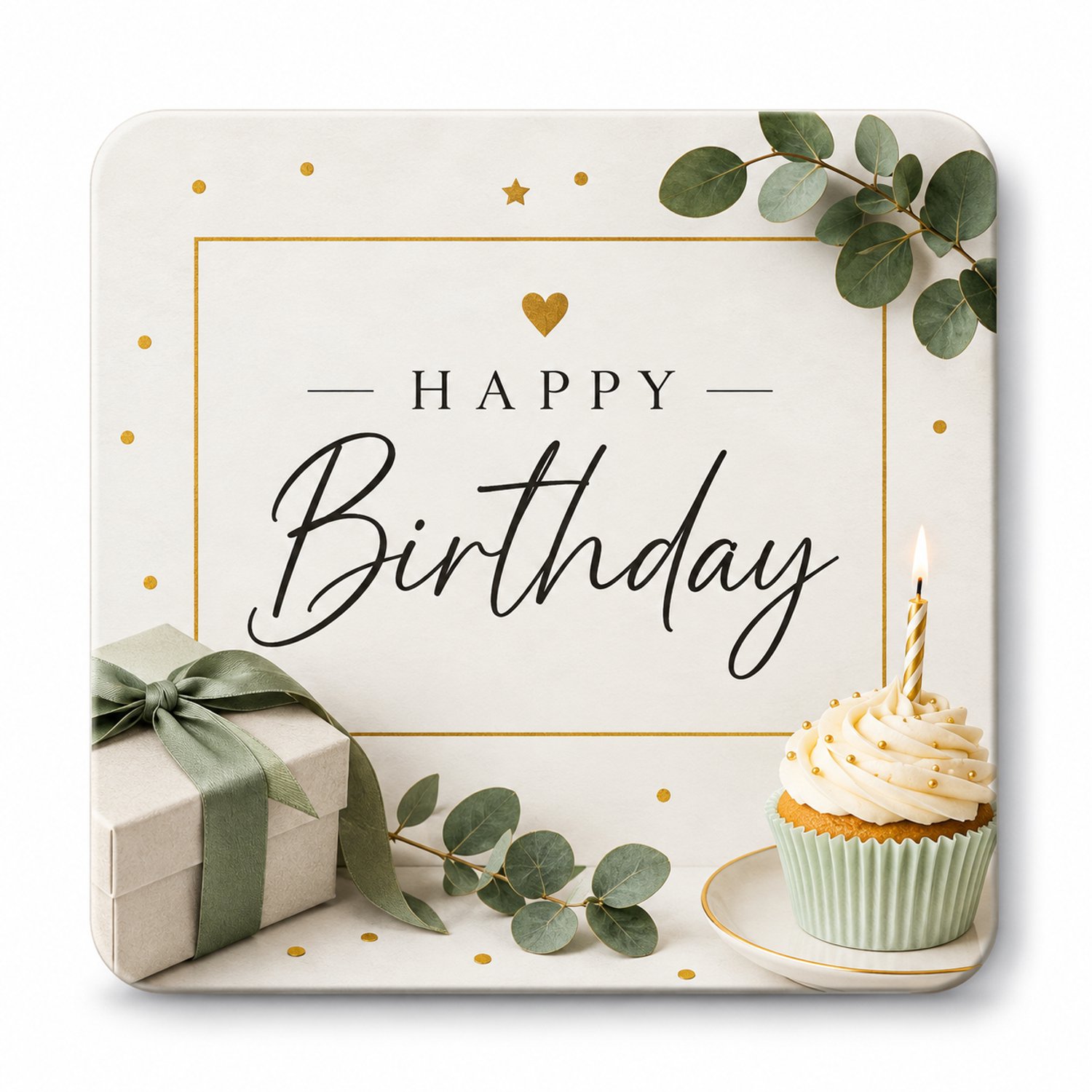 Happy Birthday MDF onderzetter – 10 x 10 cm – Verjaardag Cadeau – Vierkante Onderzetter met Cupcake