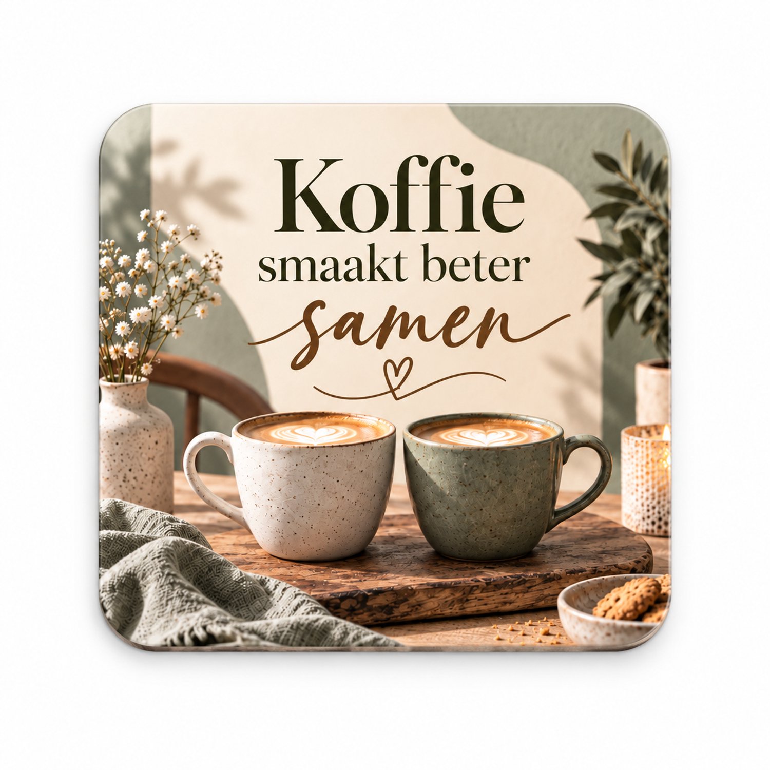 Koffie MDF onderzetter 10 x 10 cm met tekst ‘Koffie smaakt beter samen’