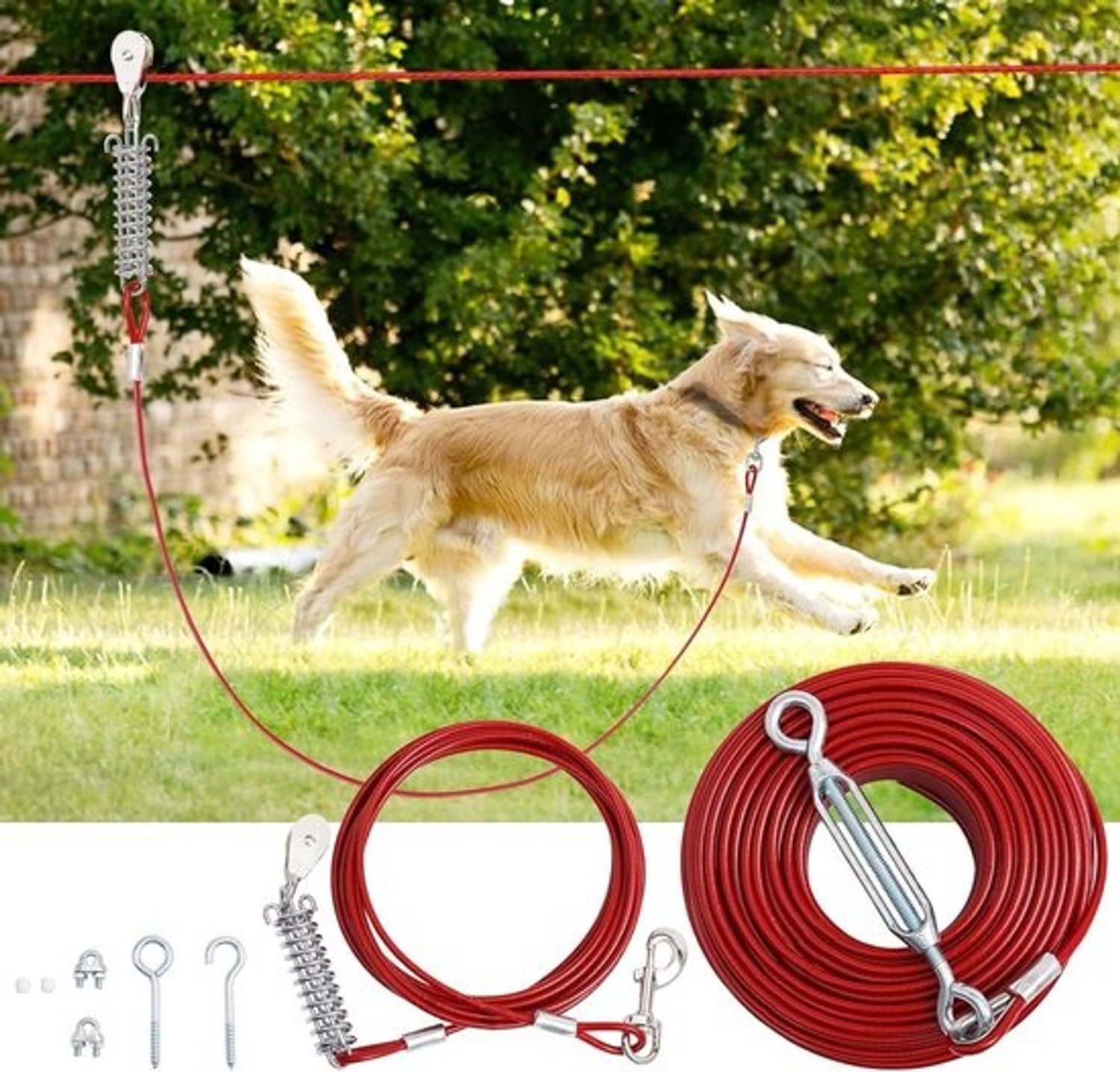 Honden Trolley Systeem - Hondenlijn Katrol - Veilig Buiten - Schokabsorberende Veer - 61 Meter - Rood