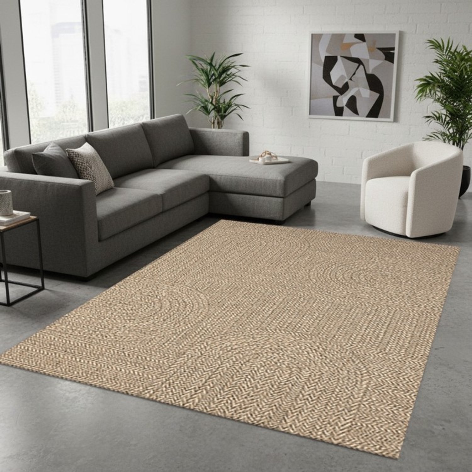TapisTrend Designer tapijt Naturel 60x90 cm Modern vloerkleed Jute met een gevlochten visgraatpatroon en geometrische texturen voor de woonkamer, slaapkamer en eetkamer