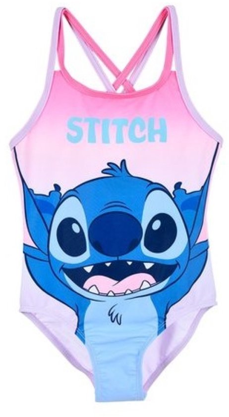 Badpak met Stitch-opdruk, roze-naar-blauw kleurverloop en gekruiste roze schouderbandjes.
