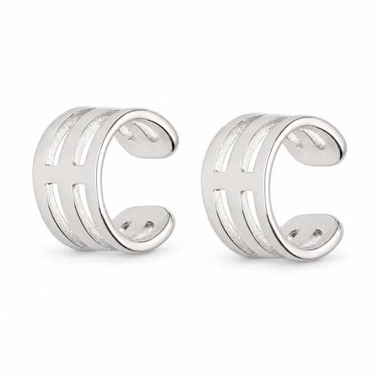 Set van twee zilverkleurige ear cuffs met een gestreept, driedelig ontwerp.