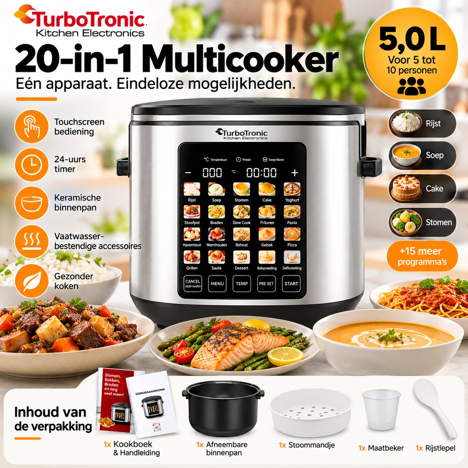 TurboTronic Multicooker 5L – Rijstkoker & Multicooker – 20 Kookprogramma’s – 5 tot 10 Personen – 24-uurs Voorinstelling – Keramische Binnenpan – foto 2