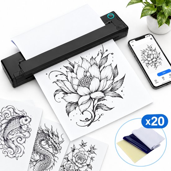 Zwarte thermische tattoo-printer drukt een bloemenontwerp af, verbonden met een smartphone-app, inclusief 20 vellen papier.
