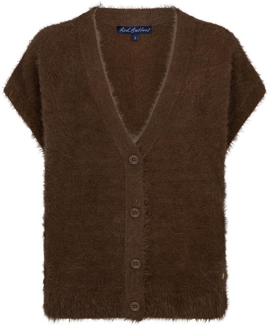 Bruin, mouwloos Red Button vest met V-hals en knoopsluiting, gemaakt van pluizige, harige stof.