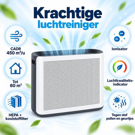 Krachtige witte luchtreiniger met CADR van 450 m³/u, ionisator, HEPA-filter en luchtkwaliteitsindicator.