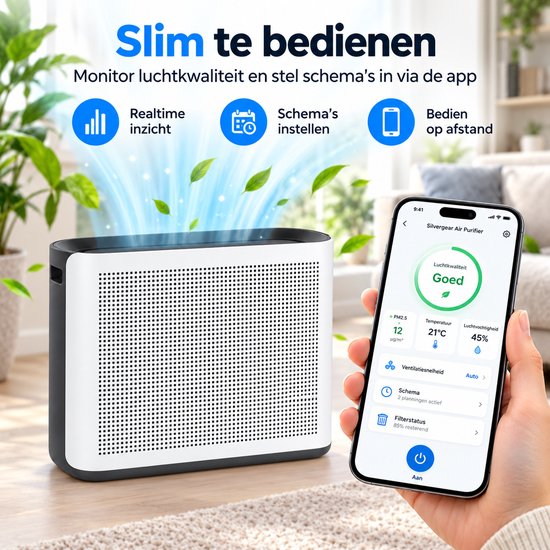 Witte luchtreiniger bediend via app voor realtime inzicht in luchtkwaliteit en schema's.