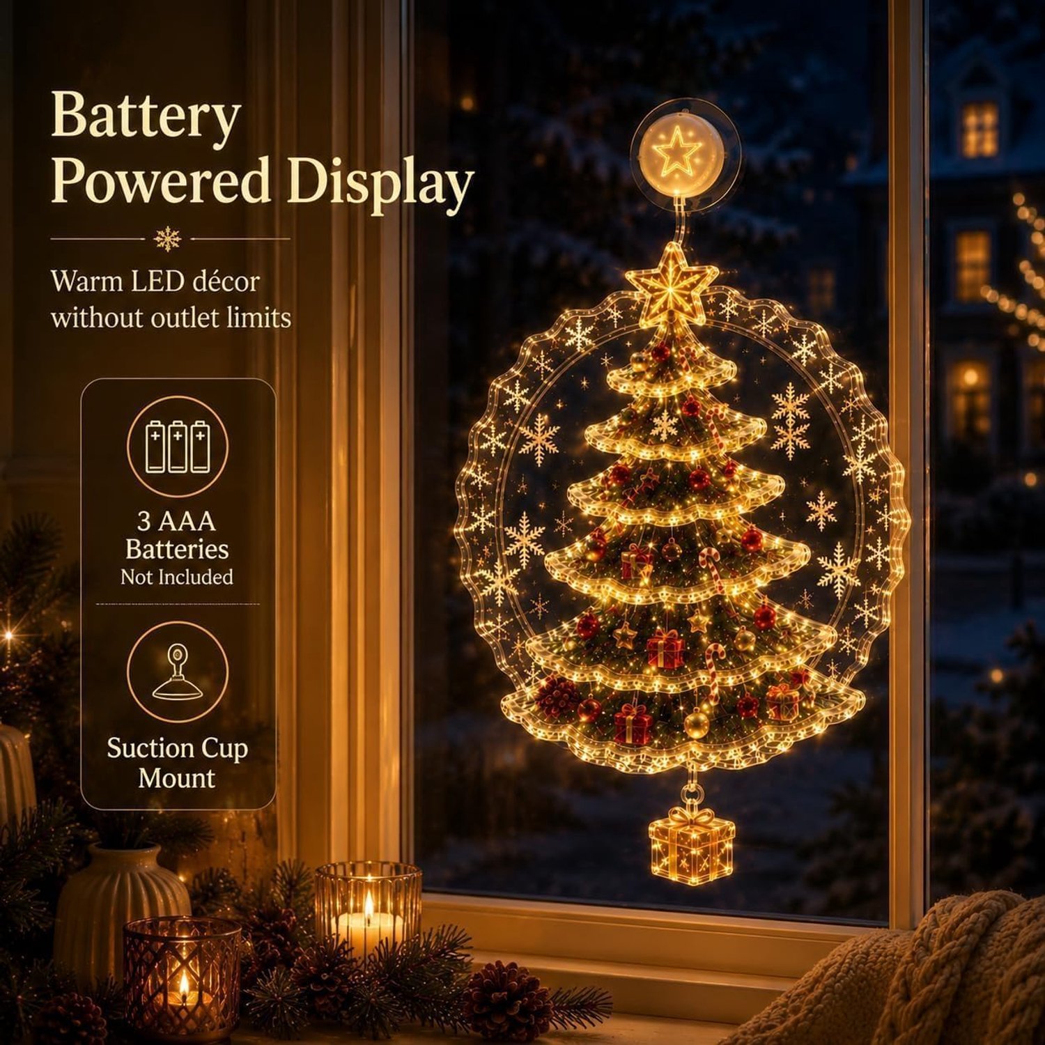5×3D-kerstraamverlichting - Kerstversiering - Led - Kerstornamenten - Kerstthema - Ontwerp met zuignap - Geschikt voor kerstdiners, familiebijeenkomsten en feestjes tijdens de feestdagen - Feestelijke sfeer - Creatieve hangende versieringen – foto 4