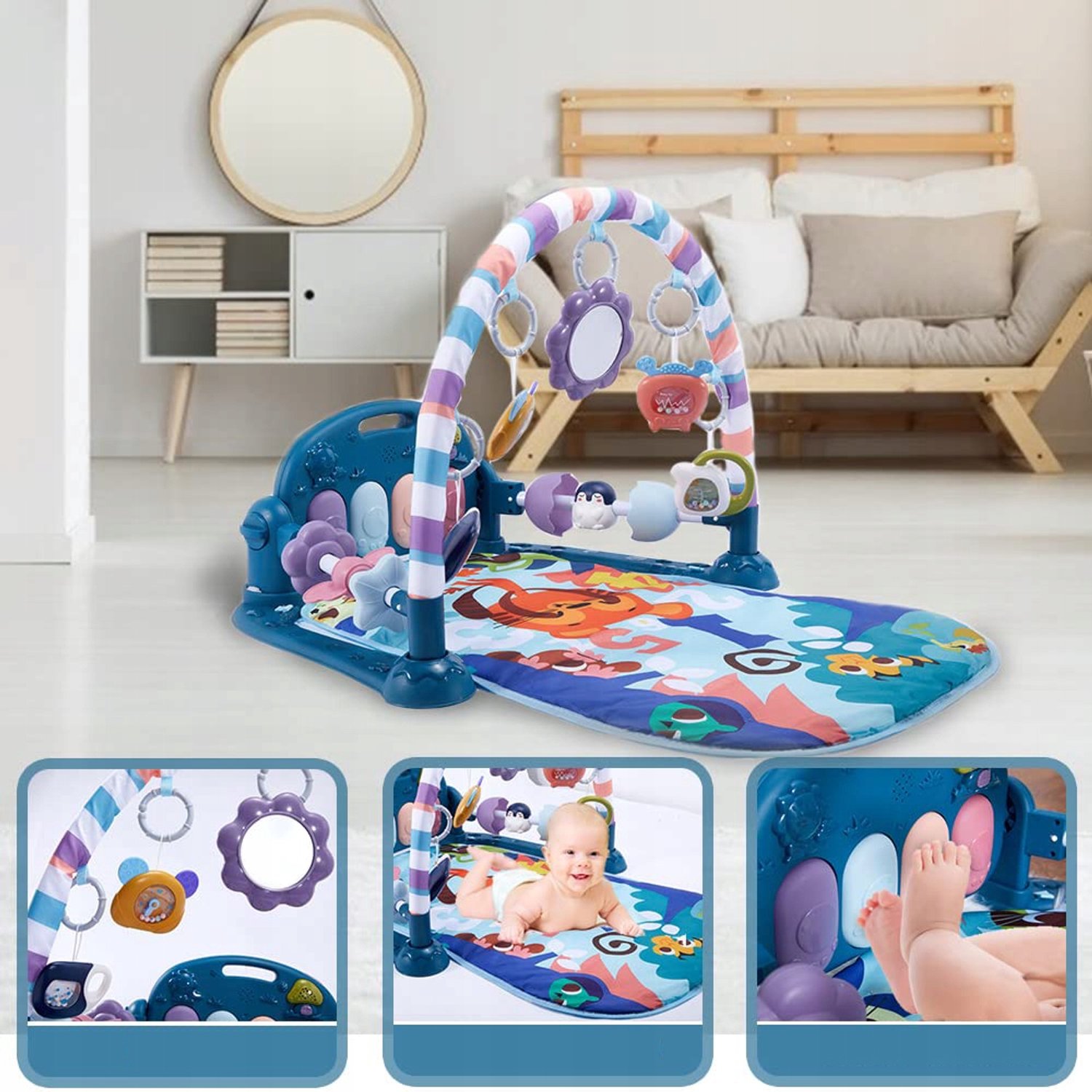 Baby Speelgym met Piano - Speelmat - Licht en Geluid - Voetpiano - Hangende Rammelaars - Spiegel - Voor Liggen, Trappelen en Grijpen - Vanaf 0 Maanden – foto 3