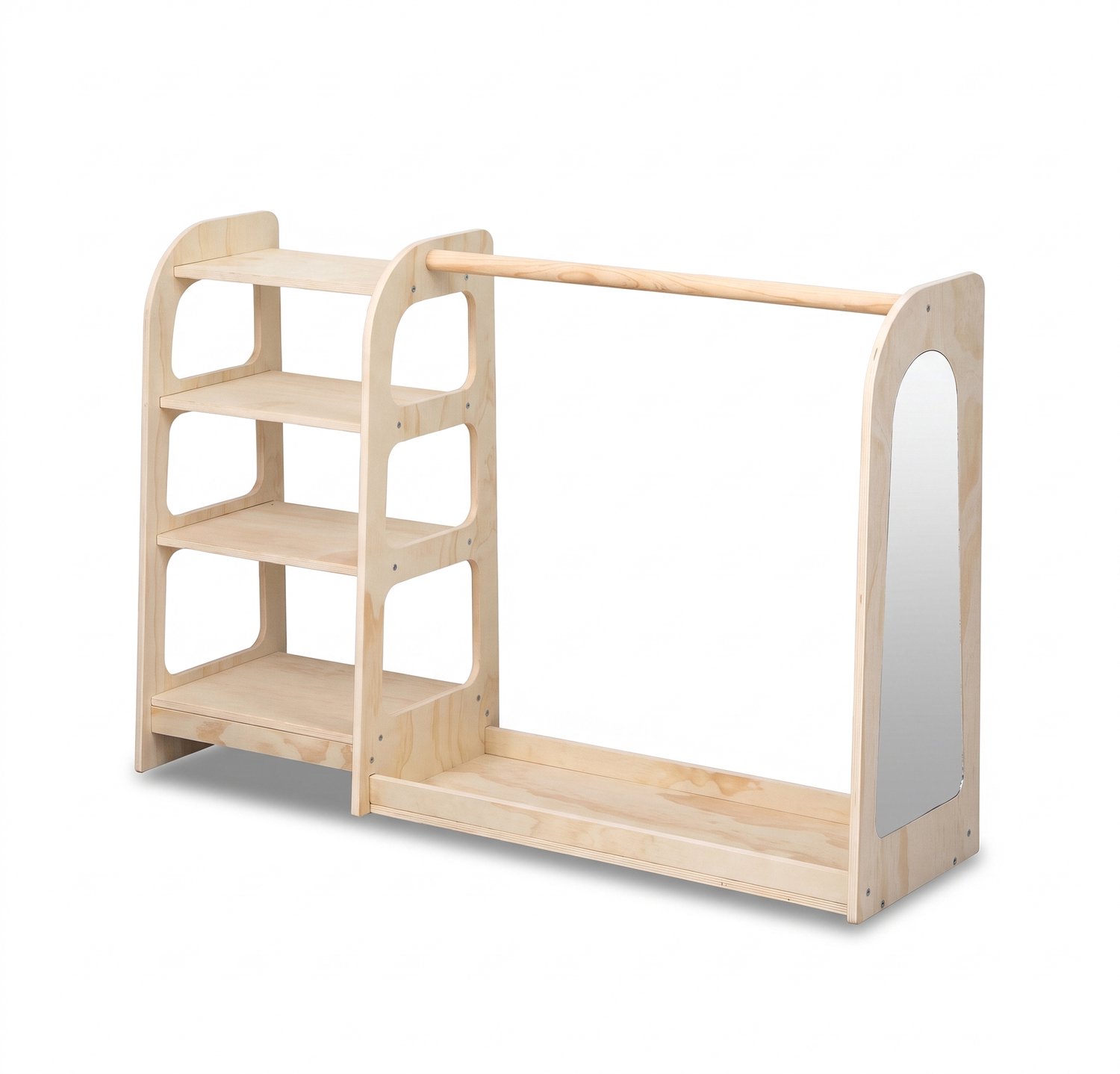 Buxibo Montessori Kinderkledingrek – Open Kledingkast met Spiegel en Planken – 122x35x80 cm – Naturel